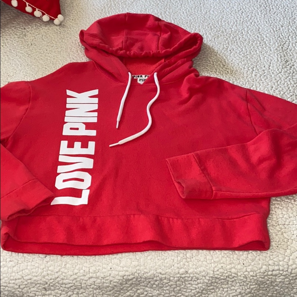 Pink Victoria secret RED hoodie ♥️ cropped cute !!